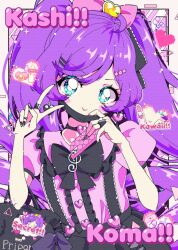 Rule 34 | 1girl, absurdres, ahoge, black bag, black bow, black choker, black nails, black skirt, blouse, blue eyes, blush, bottle, bow, catchphrase, cellphone, center frills, choker, closed mouth, commentary request, copyright name, frills, hair bow, hands up, heart, heart choker, highres, holding, holding phone, jewelry, jirai kei, kashikoma!, long hair, looking at viewer, manaka laala, mask, mask pull, milk bottle, milon cas, mouth mask, nail polish, pacifier, phone, pink bow, pink shirt, pretty series, pripara, puffy short sleeves, puffy sleeves, purple hair, retro artstyle, ring, shirt, short sleeves, skirt, smartphone, smile, solo, treble clef, twintails, v, very long hair