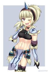 Rule 34 | 1girl, artist name, black choker, black tank top, blonde hair, blush, breasts, choker, crop top, cropped legs, elbow gloves, fur trim, gloves, hairband, hand on own chest, horns, kirin (armor), looking at viewer, medium breasts, midriff, monster hunter, monster hunter: world, monster hunter (series), navel, one eye closed, open mouth, pink eyes, ponytail, shirt, single horn, sleeveless, sleeveless shirt, smile, solo, souichitei, tank top, thighhighs