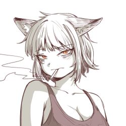 Rule 34 | 1girl, animal ears, bags under eyes, bare shoulders, breasts, cat ears, cigarette, cleavage, greyscale, highres, holding, large breasts, looking at viewer, medium breasts, monochrome, original, powerdman, red eyes, short hair, simple background, smoke, smoking, solo, tank top, upper body, white background