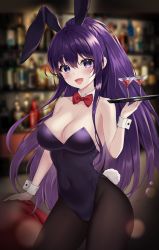Rule 34 | 1girl, absurdres, animal ears, bar (place), bare shoulders, black leotard, black pantyhose, blurry, blurry background, bokeh, bow, bowtie, breasts, cleavage, cocktail glass, collarbone, commission, contrapposto, covered navel, cowboy shot, cup, date a live, depth of field, detached collar, drinking glass, fake animal ears, fake tail, glint, highleg, highleg leotard, highres, holding, kuca (ku ca18), large breasts, leotard, long hair, looking at viewer, pantyhose, pixiv commission, playboy bunny, ponytail, purple eyes, purple hair, purple leotard, rabbit ears, rabbit tail, sidelocks, solo, standing, strapless, strapless leotard, tail, tray, very long hair, yatogami tooka