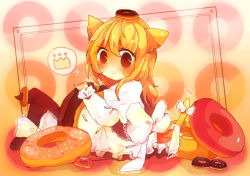 Rule 34 | 1girl, animal ears, apron, bad id, bad pixiv id, blonde hair, blush, bow, cat ears, cat girl, cat tail, crown, doughnut, eating, female focus, food, food bite, frills, gradient background, hat, hat ribbon, kirisame marisa, long hair, nanahamu, open mouth, pastry, pinky out, red eyes, ribbon, sitting, solo, tail, tail bow, tail ornament, tail wagging, touhou, witch, witch hat