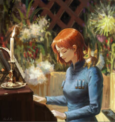 Rule 34 | 1girl, absurdres, animal, animal on shoulder, blue coat, breasts, brown hair, candle, closed eyes, closed mouth, coat, commentary, dangle earrings, earrings, elvafirst, english commentary, flower, grand piano, green flower, highres, indoors, instrument, jewelry, kaze no tani no nausicaa, long sleeves, medium breasts, music, nausicaa, piano, playing instrument, red flower, short bangs, short hair, smile, solo, teto (nausicaa), upper body, white flower