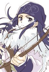 Rule 34 | 1girl, ainu, ainu clothes, asirpa, black hair, blue eyes, bow (weapon), earrings, facial scar, golden kamuy, highres, jewelry, long hair, namori, scar, scar on cheek, scar on face, simple background, weapon, white background