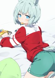 Rule 34 | 1girl, animal ears, ass, blue eyes, blush, chips (food), clothing cutout, food, food in mouth, from behind, green hair, green shorts, highres, horse ears, horse girl, horse tail, jacket, long sleeves, looking at viewer, looking back, lying, on stomach, pillow, potato chips, red jacket, seiun sky (umamusume), short hair, shorts, solo, tail, tail through clothes, totomono, tracen training uniform, track jacket, umamusume