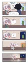 Rule 34 | 1boy, 1girl, 5koma, absurdres, ahoge, antenna hair, black hair, blush stickers, chibi, comic, crying, crying with eyes open, empty eyes, english text, flower, frown, grey hair, hair between eyes, hair flower, hair ornament, haon3, highres, kokkoro (princess connect!), princess connect!, smile, tears, yuuki (princess connect!)