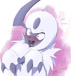 absol, absurdres, animal focus, artist name, blush, claws, constricted pupils, creatures (company), dated, embarrassed, eryz, eyebrows visible through hair, fluffy, game freak, gen 3 pokemon, hands up, highres, motion lines, nintendo, no humans, nose blush, notice lines, open mouth, pink background, pokemon, pokemon (creature), red eyes, redrawn, saliva, sharp teeth, short hair, signature, simple background, solo, surprised, teeth, tongue, upper body, white hair, wide-eyed