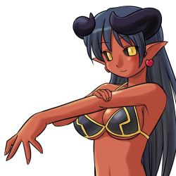 Rule 34 | 1girl, abs, arm grab, artist request, astaroth (shinrabanshou), bare shoulders, bikini, black sclera, blue hair, blush, breasts, cleavage, colored sclera, colored skin, dark-skinned female, dark skin, demon girl, earrings, exif thumbnail surprise, female focus, fingernails, heart, heart earrings, horns, jewelry, long fingernails, long hair, looking at viewer, outstretched arm, pointy ears, red skin, shinrabanshou, simple background, smile, solo, swimsuit, tail, upper body, white background, wings, yellow eyes