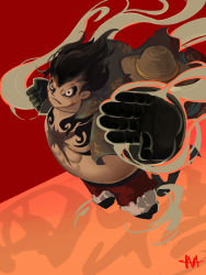 Rule 34 | 1boy, abs, absurdres, alternate form, artist request, black hair, fighting stance, fur trim, gear fourth, gear fourth: boundman, haki, hat, highres, male focus, markings, monkey d. luffy, one piece, scar, serious, shorts, smoke, solo, straw hat, torn clothes