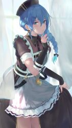 Rule 34 | 1girl, :/, absurdres, belt, blue eyes, blue hair, braid, braided ponytail, closed mouth, curtains, dress, earrings, fingerless gloves, frills, gloves, hair ornament, hairclip, hand up, hat, highres, hololive, hoshimachi suisei, hoshimachi suisei (maid), jewelry, long hair, official alternate costume, pout, side ponytail, skirt hold, solo, tadanotarosuke, virtual youtuber, wing collar