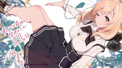 Rule 34 | 10s, 1girl, ;), black skirt, blonde hair, bright pupils, brown eyes, commentary request, copyright name, creator connection, end card, headphones, high-waist skirt, looking at viewer, one eye closed, outstretched arm, pochi (pochi-goya), shirt, signature, skirt, smile, solo, sunohara ayaka, sunoharasou no kanrinin-san, suspender skirt, suspenders, translation request, virtual youtuber, white shirt