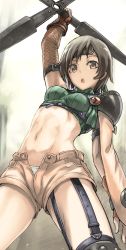 Rule 34 | 1990s (style), 1girl, armor, bare shoulders, breasts, brown eyes, brown hair, final fantasy, final fantasy vii, fingerless gloves, fishnets, from below, gloves, gradient background, headband, highres, midriff, open fly, open mouth, panties, pantyshot, retro artstyle, ribbed sweater, short hair, shorts, shuriken, sleeveless, sleeveless turtleneck, small breasts, solo, sweater, tea (nakenashi), turtleneck, unbuttoned, underwear, unzipped, weapon, yuffie kisaragi