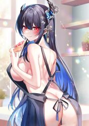 Rule 34 | 1girl, absurdres, apron, ass, asymmetrical horns, back, bare shoulders, black hair, blue hair, breasts, butt crack, cheese trail, colored inner hair, demon horns, eating, food, from behind, hair ornament, highres, holding, holding food, holding pizza, hololive, hololive english, horns, large breasts, llg lailing18, long hair, looking at viewer, looking back, mole, mole under eye, multicolored hair, naked apron, nerissa ravencroft, pizza, red eyes, smile, solo, two-tone hair, uneven horns, virtual youtuber