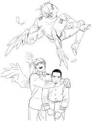 Rule 34 | 2boys, angel, angel wings, arms around neck, black hair, boots, chengongzi123, closed mouth, cowboy shot, facial hair, feathered wings, feathers, goatee stubble, golden kamuy, highres, invisible chair, koito otonoshin, lineart, long sleeves, looking at viewer, looking back, male focus, military uniform, multiple boys, open mouth, shoes, short hair, simple background, sitting, standing, stubble, tsukishima hajime, uniform, very short hair, white background, wings