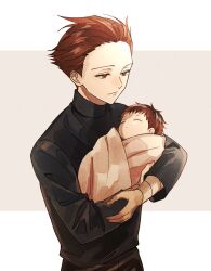 Rule 34 | 2boys, baby, bandaged arm, bandages, black sweater, brothers, brown pants, carrying, carrying person, closed eyes, closed mouth, highres, holding baby, long sleeves, looking down, male focus, multiple boys, pants, red hair, short hair, siblings, sleeping, smile, sousou no frieren, standing, stark (sousou no frieren), stoltz (sousou no frieren), sweater, takigami san