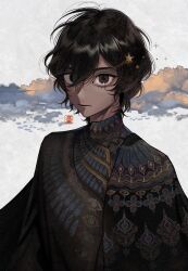 Rule 34 | 1boy, arjuna (fate), bishounen, black eyes, black hair, cloud, dark-skinned male, dark skin, expressionless, eyelashes, fate/grand order, fate (series), highres, indian clothes, konpeitou (pixiv37354724), looking at viewer, male focus, short hair, solo, sparkle, star (symbol), upper body