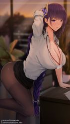 Rule 34 | 1girl, adjusting hair, arm support, ass, bent over, black pantyhose, black skirt, blouse, blurry, braid, breasts, cleavage, clothes lift, collared shirt, contemporary, depth of field, genshin impact, hair ornament, hanging breasts, highres, id card, indoors, kitsune-neko, knee up, lanyard, large breasts, long hair, looking at viewer, low-braided long hair, low-tied long hair, mole, mole under eye, office lady, open mouth, pantyhose, pencil skirt, pixiv username, plant, potted plant, purple eyes, purple hair, raiden shogun, shirt, skirt, skirt lift, solo, standing, standing on one leg, thighband pantyhose, thighs, unbuttoned, very long hair, white shirt