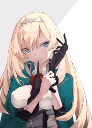 Rule 34 | 1girl, blonde hair, blue eyes, breasts, closed mouth, corset, cropped jacket, dress shirt, flower, glove in mouth, gloves, green jacket, hair between eyes, hairband, highres, jacket, kantai collection, large breasts, long hair, long sleeves, looking at viewer, military, military uniform, mouth hold, newtonsegawa, putting on gloves, red flower, red rose, rose, shirt, simple background, smile, solo, uniform, upper body, victorious (kancolle), white hairband, white shirt