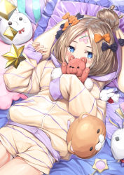 Rule 34 | 1girl, abigail williams (fate), alternate costume, bed sheet, black bow, blue eyes, blush, bow, commentary request, covered mouth, crossed bandaids, fate/grand order, fate (series), fingernails, fou (fate), gedou (shigure seishin), hair bow, hair bun, hands up, hood, hooded jacket, jacket, light brown hair, long sleeves, looking at viewer, lying, medjed (fate), on back, orange bow, parted bangs, pillow, polka dot, polka dot bow, short shorts, shorts, single hair bun, sleeves past fingers, sleeves past wrists, solo, striped clothes, striped jacket, striped shorts, stuffed animal, stuffed rabbit, stuffed toy, teddy bear, yellow jacket, yellow shorts