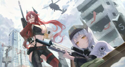 Rule 34 | 2girls, :d, absurdres, ahoge, aircraft, anti-materiel rifle, assault rifle, black bow, black bowtie, black dress, black gloves, blush, bow, bowtie, breasts, building, bullpup, cleavage, cloak, closed mouth, cloud, cloudy sky, commentary request, cowboy shot, cropped jacket, crotch plate, day, dress, fingerless gloves, floating hair, from below, gloves, goddess of victory: nikke, gun, hair between eyes, head-mounted display, helicopter, highleg, highleg panties, highres, hip vent, holding, holding gun, holding weapon, horns, hyonee, jacket, korean commentary, large breasts, leather, leather jacket, leather pants, long hair, long sleeves, looking at another, mechanical horns, multiple girls, navel, open clothes, open jacket, open mouth, outdoors, panties, pants, pout, power lines, red hair, red hood (nikke), red scarf, rifle, scarf, scope, sidelocks, sky, smile, sniper rifle, snow white (innocent days) (nikke), snow white (nikke), standing, stomach, teeth, underwear, unzipped, upper teeth only, utility pole, weapon, weapon on back, white cloak, white hair, yellow eyes, zipper