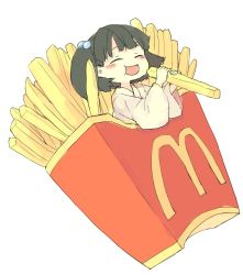 Rule 34 | 1girl, :d, ^ ^, blush, box, chewing, closed eyes, eating, food, french fries, green hair, hair bobbles, hair ornament, happy, highres, holding, holding food, in box, in container, in food, japanese clothes, kisume, logo, long sleeves, mcdonald&#039;s, mini person, minigirl, monochrome, open mouth, pale color, product placement, short hair, simple background, smile, solo, touhou, upper body, white background, wide sleeves, yunuki uta