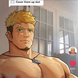 Rule 34 | 1boy, bara, blonde hair, chest hair, commission, cover them up slut (meme), ear piercing, eyebrow piercing, facial hair, goatee, green eyes, heart, highres, jewelry, long sideburns, looking at viewer, male focus, meme, muscular, necklace, nipples, original, pectoral focus, pectorals, peterhl, piercing, romg, scar, scar across eye, scar on face, second-party source, sideburns, slit pupils, spiked hair, stubble, thick eyebrows, topless male