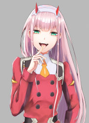 Rule 34 | :d, absurdres, darling in the franxx, finger to mouth, green eyes, grey background, hairband, highres, horns, index finger raised, jacket, kokose, long hair, long sleeves, looking at viewer, military jacket, multiple girls, necktie, open mouth, orange necktie, pink hair, red jacket, short necktie, simple background, smile, solo, tongue, tongue out, upper body, very long hair, white hairband, zero two (darling in the franxx)