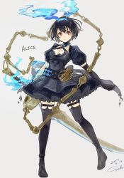 Rule 34 | &gt;:|, 1girl, :|, alice (sinoalice), belt, black dress, black footwear, black gloves, black hair, black thighhighs, breasts, character name, choker, closed mouth, commentary, dated, dress, elbow gloves, frilled dress, frills, gloves, grey background, hairband, halterneck, highres, huge weapon, looking at viewer, magic, medium breasts, red eyes, sako (35s 00), shoes, short hair, signature, simple background, sinoalice, solo, standing, thighhighs, v-shaped eyebrows, weapon