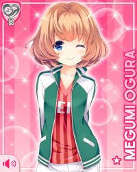 Rule 34 | 1girl, blonde hair, blue eyes, breasts, card (medium), character name, girlfriend (kari), jacket, official art, ogura megumi, one eye closed, open mouth, pink background, qp:flapper, red shirt, shirt, shorts, small breasts, smile, tagme, white jacket, zipper