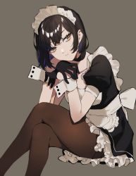 Rule 34 | 1girl, 2l (2lsize), apron, arm support, black choker, black gloves, black hair, black pantyhose, bob cut, brown eyes, choker, closed mouth, collarbone, crossed legs, expressionless, frills, gloves, grey background, hair between eyes, half gloves, highres, looking away, maid, maid apron, maid headdress, original, own hands together, pantyhose, puffy short sleeves, puffy sleeves, short hair, short sleeves, simple background, sitting, solo