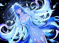 Rule 34 | 1girl, absurdres, bare legs, bei lulu gan butaihao, blue hair, closed eyes, closed mouth, dark background, douluo dalu, dress, fingerless gloves, fish, from above, gloves, highres, long hair, lying, on back, petals, ripples, second-party source, single fingerless glove, solo, tang wutong (douluo dalu), upper body, water, white dress