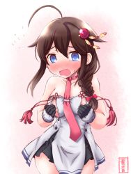 Rule 34 | 1girl, ahoge, bare shoulders, blue eyes, blush, braid, breasts, brown hair, collarbone, cosplay, covering privates, covering breasts, embarrassed, flying sweatdrops, full-face blush, gloves, gradient background, hair ornament, hair over shoulder, highres, kanon (kurogane knights), kantai collection, large breasts, looking at viewer, murakumo (kancolle), murakumo (kancolle) (cosplay), necktie, open mouth, pink background, red necktie, shigure (kancolle), single braid, sketch, solo, tears, upper body