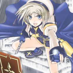 Rule 34 | 00s, 1girl, blue eyes, book, fighting stance, floating, hair ornament, hat, legs apart, lyrical nanoha, mahou shoujo lyrical nanoha, open mouth, outstretched arm, schwertkreuz, short hair, silver hair, solo, staff, tome of the night sky, unison (nanoha), wide stance, x hair ornament, yagami hayate