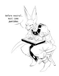 Rule 34 | 1boy, arcade stick, beerus, boots, bracelet, chair, commission, controller, dragon ball, dragonball z, earclip, furry, game controller, greyscale, highres, hydroxian, jewelry, joystick, monochrome, open mouth, pants, sitting, solo, speech bubble, white background