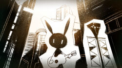 Rule 34 | animal focus, banner, cityscape, commentary request, greyscale, looking at viewer, monochrome, no humans, no mouth, playing guitar, rabbit, rella, solid oval eyes, vib-ribbon, vibri (vib-ribbon), white eyes