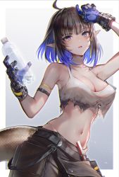 Rule 34 | 1girl, ahoge, arknights, armband, black gloves, black shorts, blue eyes, blue hair, bottle, breasts, brown hair, cleavage, colored inner hair, cowboy shot, eunectes (arknights), eunectes (forgemaster) (arknights), gloves, hair between eyes, highres, large breasts, midriff, multicolored hair, navel, official alternate costume, panties, panty peek, pointy ears, shirt, short hair, shorts, simple background, snake tail, solo, tail, tank top, tarutaru yamaoka, thighs, torn clothes, torn shirt, two-tone hair, underwear, water bottle, white background, white tank top
