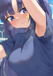 Rule 34 | 1girl, absurdres, arm up, armpit peek, armpits, blue archive, blue eyes, blue shirt, blush, close-up, closed mouth, commentary, gym shirt, highres, long hair, looking at viewer, m kong, official alternate costume, purple hair, shirt, short sleeves, smile, solo, star sticker, sticker on face, sweat, upper body, yuuka (blue archive), yuuka (track) (blue archive)