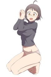 Rule 34 | 10s, 1girl, ahoge, bad id, bad pixiv id, barefoot, black hair, brown eyes, glasses, hayyan, highres, midriff, navel, no pants, own hands together, panties, servant x service, short hair, simple background, solo, steepled fingers, sweater, turtleneck, underwear, white background, yamagami lucy