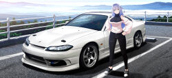 Rule 34 | 1girl, black footwear, black pants, black shirt, blue eyes, blue hair, breasts, car, commission, gradient hair, grey hair, hair intakes, halter shirt, halterneck, hands on own hips, head tilt, highres, large breasts, looking at viewer, motor vehicle, multicolored hair, nissan, nissan s15 silvia, nissan silvia, off-shoulder sweater, off shoulder, outdoors, pants, shadow, shirt, shoes, skeb commission, smile, sneakers, solo, standing, suzuki-shi, sweater, vehicle focus, vrchat, white sweater