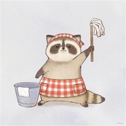 Rule 34 | :&lt;, animal, animal focus, apron, ayu (mog), bucket, closed mouth, clothed animal, grey background, head scarf, holding, looking at viewer, mop, no humans, original, raccoon, signature, simple background, standing, waist apron