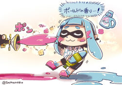 Rule 34 | 1girl, :3, bike shorts, blue hair, blush, check commentary, closed eyes, commentary request, dress shirt, fabric softener, flower, gradient background, highres, inkling, inkling girl, inkling player character, long hair, long sleeves, nintendo, paint, pointy ears, same anko, shirt, shoes, sneakers, solo, splatoon (series), splatoon 1, splattershot (splatoon), super soaker, tentacle hair