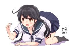 Rule 34 | 1girl, :d, absurdres, ahoge, artist name, black hair, black socks, blue skirt, blush, breasts, brown eyes, coin, commentary request, dated, full body, highres, holding, holding coin, kantai collection, kneehighs, large breasts, long hair, no shoes, one-hour drawing challenge, open mouth, owa (ishtail), pleated skirt, school uniform, serafuku, simple background, skirt, smile, socks, solo, ushio (kancolle), white background