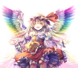 Rule 34 | 1girl, :d, ^ ^, alternate costume, alternate wings, blonde hair, closed eyes, colorful, cuffs, detached sleeves, dress, closed eyes, female focus, flandre scarlet, flower, hat, hat ribbon, highres, niichi (komorebi-palette), open mouth, ribbon, shackles, short hair, side ponytail, smile, solo, touhou, white background, wings