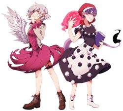 Rule 34 | 2girls, blob, blouse, book, boots, breasts, cross-laced footwear, doremy sweet, ear piercing, earrings, full body, grin, hand to own mouth, hat, highres, jacket, jewelry, kishin sagume, long sleeves, looking at viewer, multiple girls, namataro, nightcap, piercing, pom pom (clothes), purple eyes, purple hair, red eyes, shirt, short hair, short sleeves, silver hair, single wing, skirt, skirt set, smile, socks, standing, tail, tapir tail, touhou, white background, wings