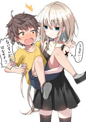 Rule 34 | 1boy, 1girl, ^^^, ahoge, asymmetrical hair, bare arms, bare shoulders, black dress, black thighhighs, blonde hair, blue eyes, blue shorts, blush, brown eyes, brown hair, carrying, closed mouth, commentary request, dress, empty eyes, hair between eyes, kai-kun, long hair, nose blush, open mouth, original, pleated dress, princess carry, shirt, short shorts, short sleeves, shorts, simple background, sleeveless, sleeveless dress, standing, surprised, thighhighs, tia-chan, translated, uchuuneko, very long hair, white background, yellow shirt