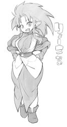 Rule 34 | 1girl, agawa ryou, ankle boots, big hair, boots, breasts, earrings, fang, full body, greyscale, hands on own hips, jewelry, long hair, medium breasts, monochrome, pointy ears, ryouko (tenchi muyou!), sidelocks, smile, solo, spiked hair, tenchi muyou!, wide hips