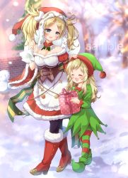 Rule 34 | 2girls, age regression, aged down, alternate costume, asymmetrical bangs, blonde hair, blue eyes, boots, breasts, cleavage, commission, elf costume, fire emblem, fire emblem awakening, fire emblem fates, gift, grandmother and granddaughter, highres, holding, holding gift, lissa (fire emblem), lissa (winter) (fire emblem), long hair, multiple girls, nintendo, official alternate costume, open mouth, ophelia (fire emblem), sample watermark, santa costume, skeb commission, snow, watermark, yurufuwa milk