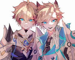 Rule 34 | 2boys, blonde hair, blue eyes, brown hair, centurion (elsword), chung seiker, closed mouth, coat, dual persona, elsword, fatal phantom (elsword), gloves, highres, kurayuki0404, long sleeves, looking at viewer, male focus, multicolored hair, multiple boys, open mouth, short hair, smile, white background, white coat, white gloves