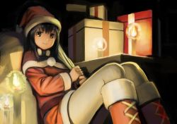 Rule 34 | 1girl, black eyes, black hair, boots, candle, candlelight, feet out of frame, gift, hat, leaning back, looking at viewer, original, pantyhose, puffy sleeves, sack, santa boots, santa costume, santa hat, sitting, smile, solo, wasabi60, white pantyhose