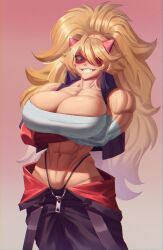 Rule 34 | 1girl, absurdres, bandaged arm, bandaged chest, bandages, blonde hair, blue eyes, breasts, character request, commentary, commission, copyright request, english commentary, fake horns, highres, horns, large breasts, long hair, looking at viewer, mr cheesedong, muscular, muscular female, smile, solo, teeth