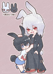 Rule 34 | 2boys, aged down, animal ears, black hair, black jacket, black pants, black shirt, blue footwear, blue shorts, boku no hero academia, brown background, character name, child, closed mouth, dual persona, full body, grey eyes, grey hair, hair between eyes, hand in pocket, hand on another&#039;s head, highres, inukai (inuuowoukai), jacket, kemonomimi mode, long hair, long sleeves, looking at viewer, male focus, mole, mole under mouth, multiple boys, open clothes, open jacket, open mouth, outline, pants, print shirt, rabbit boy, rabbit ears, rabbit tail, red eyes, red footwear, sandals, scar, scar across eye, scar on face, shigaraki tomura, shirt, shoes, short hair, short sleeves, shorts, simple background, standing, tail, time paradox, white outline, white shirt